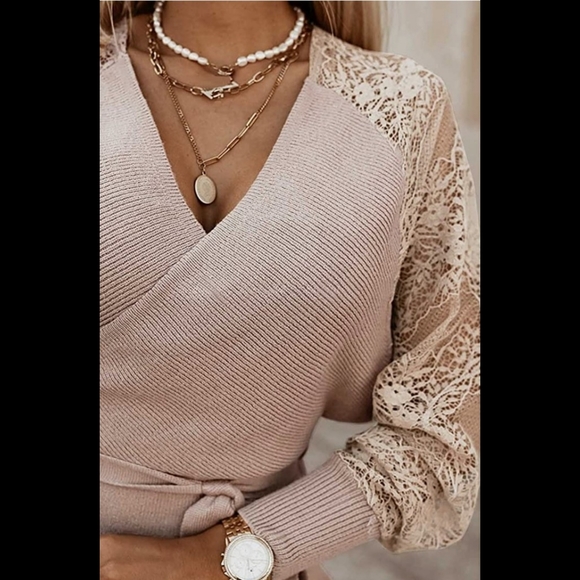 Khaki ribbed knit double v neck wrap waist floral lace sleeve sweater dress - Picture 3 of 5